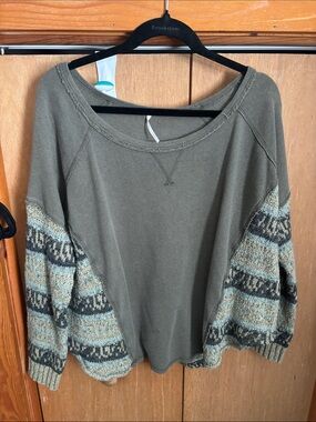 Free People Olive Green Knit Sweater with Patterned Balloon Sleeves
